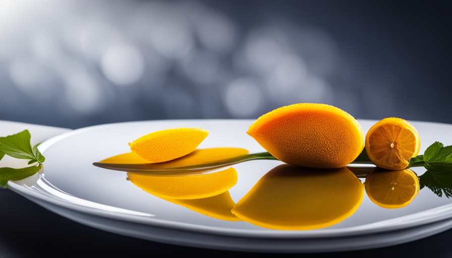 An image featuring a vibrant yellow turmeric root and a juicy lemon, sliced in half, placed on a clean white plate alongside a glass of water, symbolizing the potential benefits of turmeric and lemon for liver health