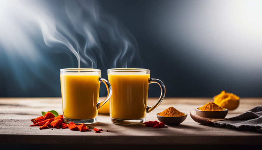 An image showcasing two steaming mugs - one filled with vibrant golden turmeric infused milk, the other with a clear glass of turmeric-infused water
