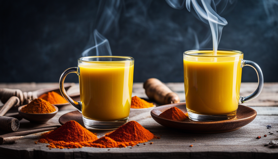 An image showcasing two steaming mugs - one filled with vibrant golden turmeric infused milk, the other with a clear glass of turmeric-infused water