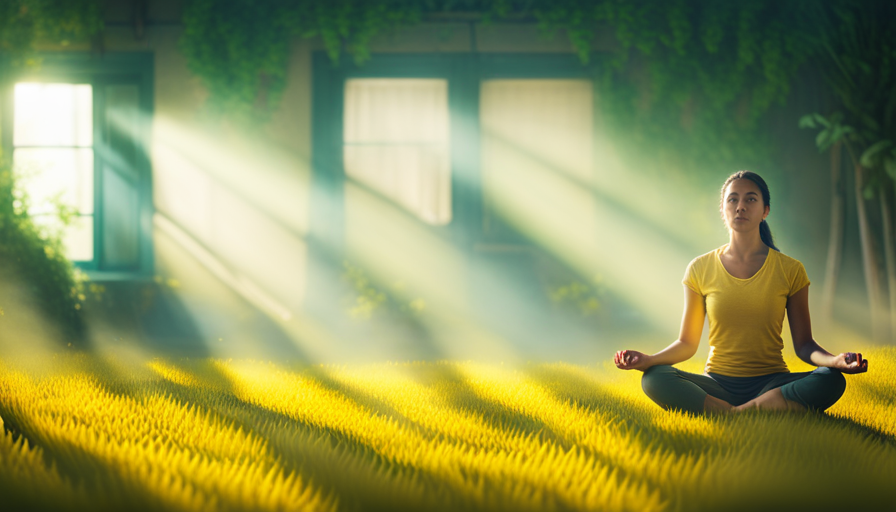An image showcasing a serene, sunlit room with a person peacefully meditating, surrounded by vibrant yellow turmeric plants