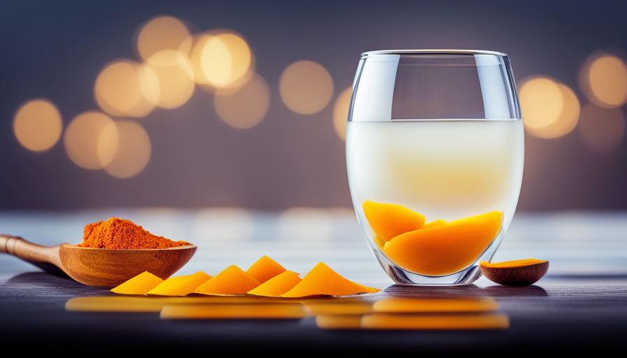 An image showcasing a glass of water with slices of fresh turmeric immersed in it