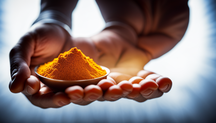 An image showcasing a close-up of a hand holding a translucent yellow pill filled with finely ground turmeric powder