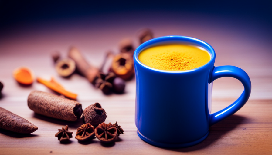 An image of a golden-hued glass of turmeric milk surrounded by vibrant spices