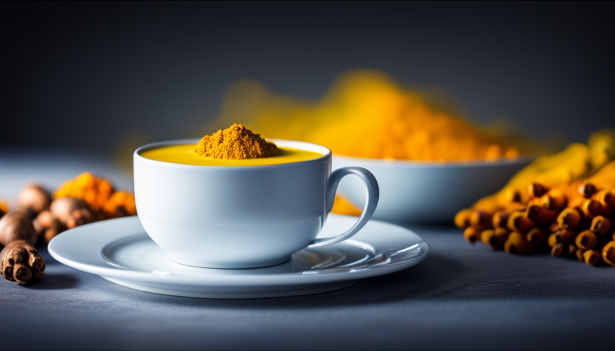 An image showcasing a serene scene with a warm mug of golden turmeric milk gently steaming, surrounded by vibrant yellow turmeric roots and a blood pressure monitor subtly in the background