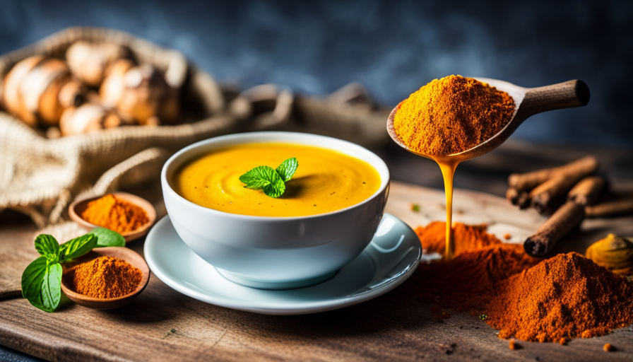 An image showcasing a vibrant golden cup of steaming turmeric milk, surrounded by fresh turmeric roots, a sprig of mint, and a sliced lemon, symbolizing the potential benefits of this warm, soothing beverage for liver health