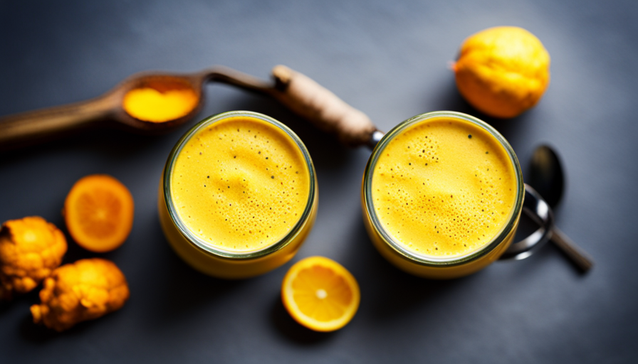 An image showcasing a vibrant golden cup of steaming turmeric milk, surrounded by fresh turmeric roots, a sprig of mint, and a sliced lemon, symbolizing the potential benefits of this warm, soothing beverage for liver health