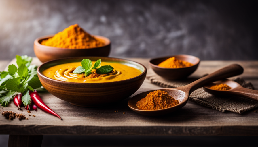 An image depicting a vibrant yellow bowl filled with a delicious turmeric-infused dish, beautifully garnished with fresh herbs and accompanied by low FODMAP ingredients, showcasing the versatility of turmeric within a low FODMAP diet