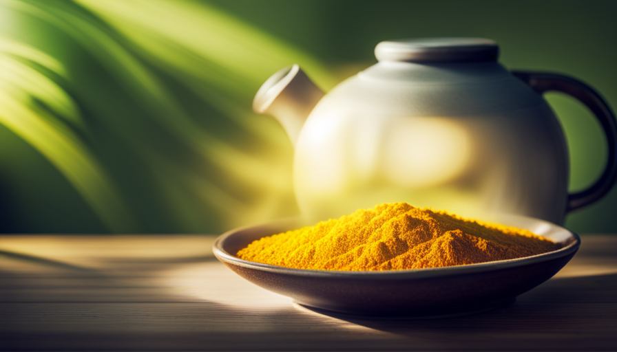 An image depicting a vibrant yellow mug filled with steaming turmeric tea