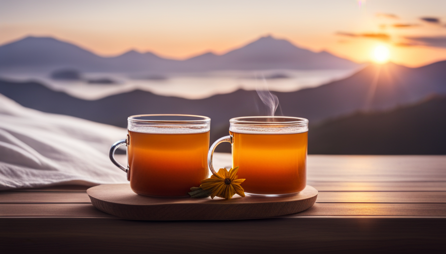 An image showing a serene bedroom scene with a warm mug of turmeric tea placed on a nightstand next to a cozy bed, inviting readers to explore the benefits of drinking turmeric tea before bed