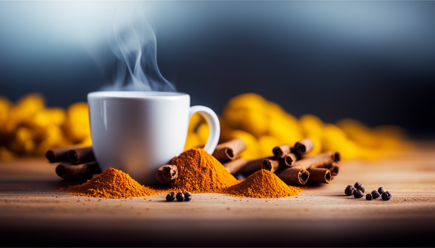 An image featuring a warm, comforting mug filled with vibrant yellow turmeric tea, surrounded by dried ginger, cinnamon, and peppercorns