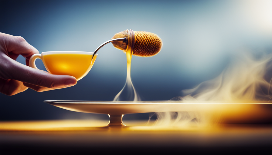 An image that showcases a close-up view of a vibrant yellow turmeric tea being poured into a delicate, translucent tea cup