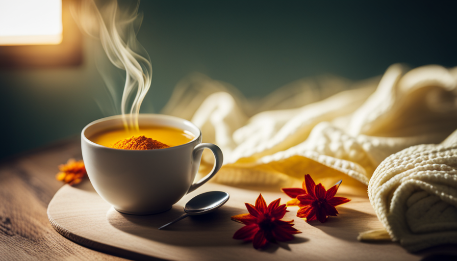 An image showcasing a serene mug of turmeric tea, gently steaming, with vibrant golden hues, surrounded by calming elements like a sprig of fresh mint and a cozy blanket, inviting readers to explore the question: Is Turmeric Tea High In Caffeine? --v 5