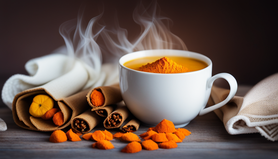 An image showcasing a serene mug of turmeric tea, gently steaming, with vibrant golden hues, surrounded by calming elements like a sprig of fresh mint and a cozy blanket, inviting readers to explore the question: Is Turmeric Tea High In Caffeine? --v 5