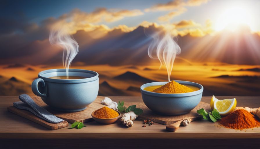 An image showcasing a cup of steaming turmeric tea surrounded by a vibrant array of low-carb ingredients like fresh ginger, lemon slices, and a sprinkle of black pepper, highlighting the question: Is Turmeric Tea Low Carb? --v 5
