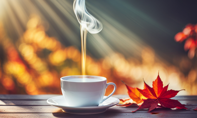 An image of a steaming cup of Maple Rooibos tea nestled on a wooden table, surrounded by vibrant autumn leaves and a subtle hint of maple syrup drizzling down the side