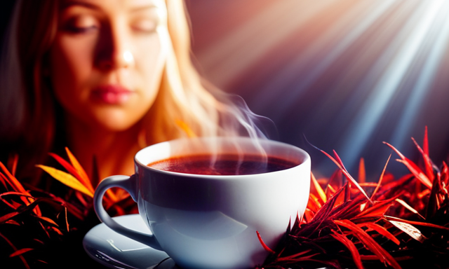 An image depicting a serene scene of a person savoring a warm cup of rooibos tea, surrounded by vibrant red rooibos leaves, emanating a soothing aroma, with rays of sunlight softly filtering through a window