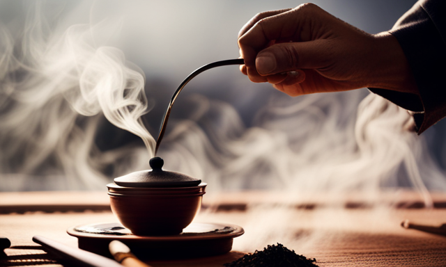 An image showcasing the intricate process of crafting Oolong tea, capturing a skilled tea master hand-rolling delicate tea leaves, while wisps of steam rise from a traditional clay teapot brewing a rich amber infusion