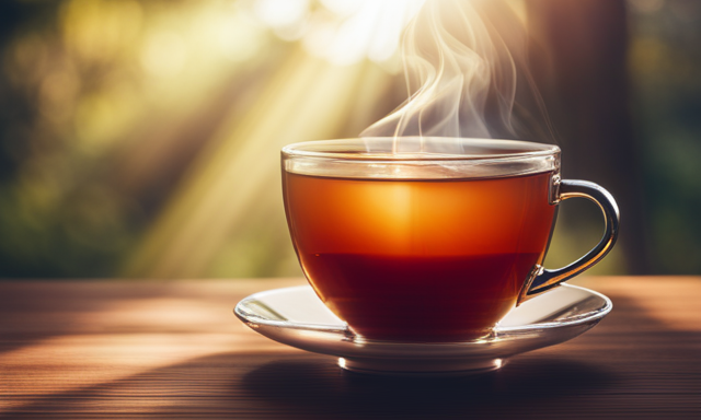 An image showcasing a steaming cup of Oolong tea, surrounded by delicate tea leaves