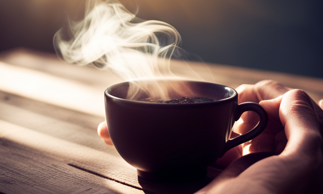 An image showcasing two hands cradling a steaming cup of aromatic oolong tea, surrounded by a comforting fog of warmth