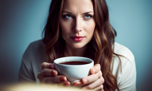 An image showcasing a serene scene of a woman sipping on a delicate porcelain teacup filled with warm, amber-colored oolong tea, surrounded by lush green tea leaves, symbolizing the perfect balance for weight loss