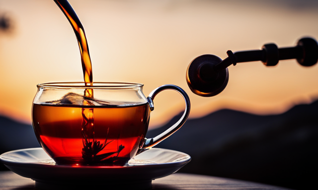 An image showcasing the art of brewing Oolong tea: A teapot pouring steaming amber liquid into a delicate porcelain cup, while tea leaves unfurl gracefully in the water, releasing their fragrant aroma