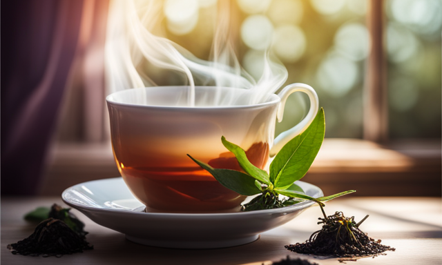 An image showcasing a beautiful porcelain teacup filled with rich, amber-hued oolong tea, gently steeped leaves unfurling inside