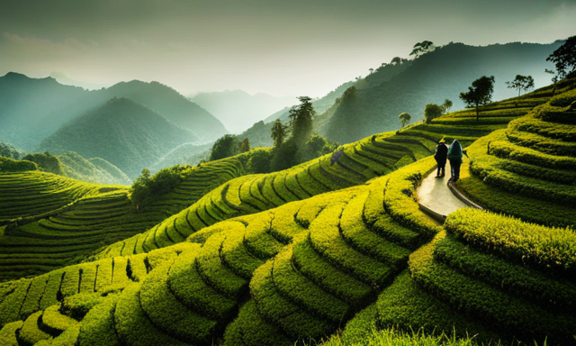 An image showcasing the rolling hills of the lush Taiwanese tea plantations, where Oolong tea originated