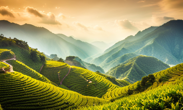 An image showcasing the origins of Oolong Tea, with lush mountains in Taiwan serving as a backdrop