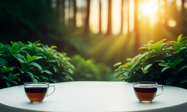 An image showcasing a serene tea garden with two tea cups side by side: one filled with oolong tea, radiating a warm amber hue, and the other with green tea, exuding a vibrant and refreshing emerald shade