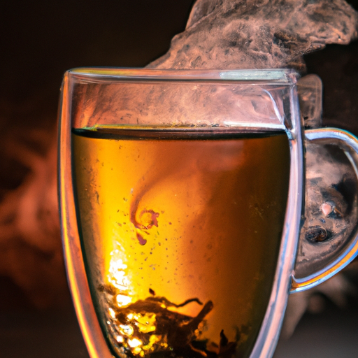 An image showcasing a close-up shot of a clear glass mug filled with steaming T4u Herbal Tea