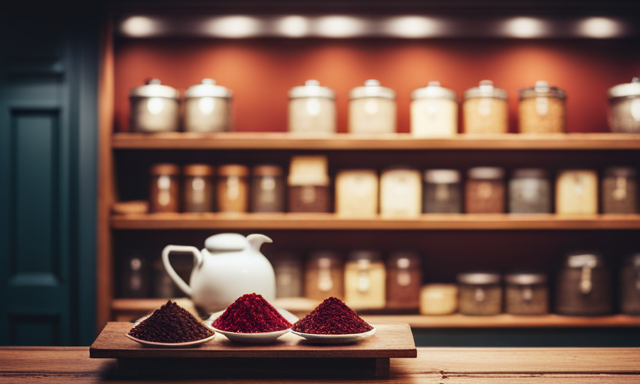 An image showcasing a vibrant, rustic tea shop with warm, earthy tones