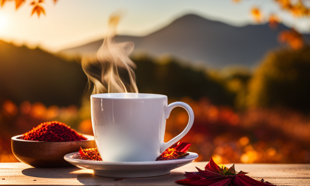 An image showcasing a steaming mug of Rooibos Cinnamon Tea, with a backdrop of vibrant red and brown autumn leaves gently falling, evoking a cozy and comforting atmosphere perfect for relaxation and wellness