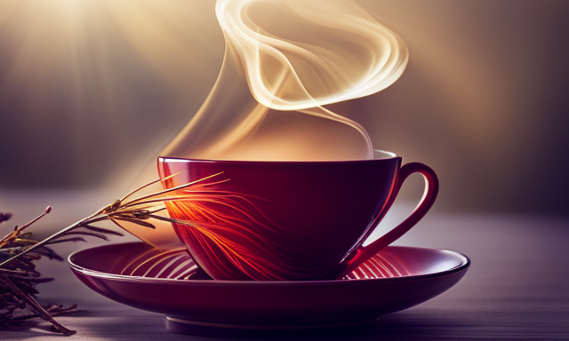 An image showcasing a vibrant, ruby-hued teacup filled with aromatic rooibos tea