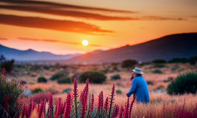 An image showcasing a vibrant sunset over a vast landscape of rolling hills covered in indigenous fynbos vegetation, with a local farmer harvesting Rooibos leaves in the foreground