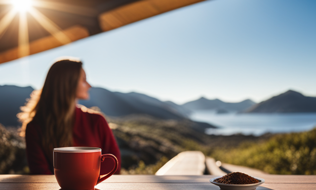 An image showcasing a serene, sunlit setting with a person enjoying a cup of rooibos tea alongside their Atenolol medication