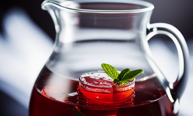 the essence of a refreshing summer day with an inviting glass pitcher, brimming with vivid red Rooibos tea