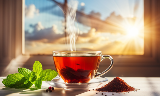 An image showcasing a serene morning scene: a steaming cup of vibrant red Rooibos tea surrounded by fresh mint leaves, with rays of golden sunlight streaming through a window onto a scale nearby