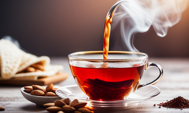 An image showcasing a steaming cup of ruby-red Rooibos tea being poured into a delicate porcelain teacup, surrounded by an assortment of calcium-rich ingredients like almonds, sesame seeds, and dark leafy greens