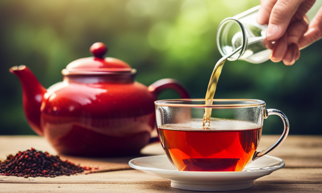 An image capturing the serene brewing process of Rooibos tea: A vibrant red teapot sits on a wooden table, steam gracefully rising from its spout, while delicate tea leaves steep in a glass teacup, infusing the scene with warmth and comfort