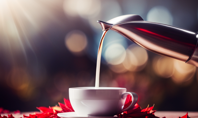 An image capturing the serene process of making Rooibos tea: A steaming teacup adorned with vibrant red leaves, as gentle hands pour hot water from a teapot, releasing a rich aroma that fills the air