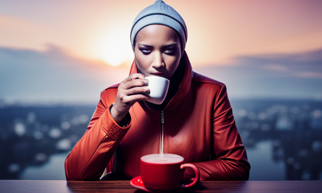 An image featuring a person sipping a steaming cup of Rooibos tea, their face blissful and relaxed