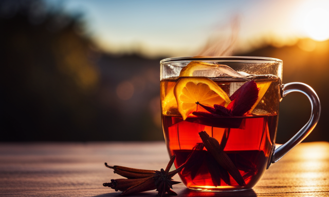 An image showcasing a steaming cup of vibrant red Rooibos tea, infused with the warm hues of a setting sun