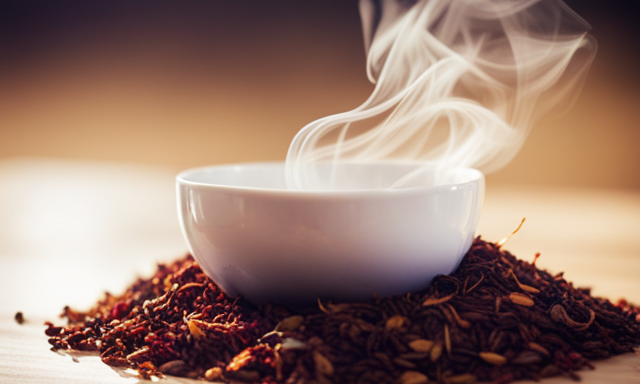 An image showcasing a delicate porcelain teacup, filled with a warm amber-hued Rooibos tea