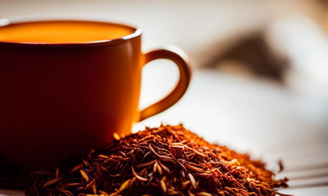 An image that showcases a warm, amber-hued cup of Rooibos tea nestled in a cozy, knitted mug, surrounded by vibrant, dried Rooibos leaves