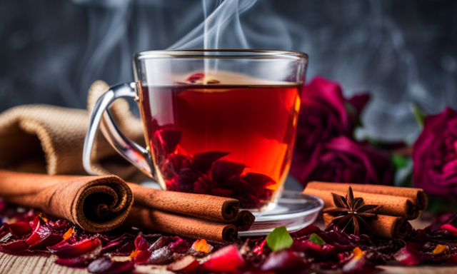 An image showcasing a steaming cup of vibrant red Rooibos tea, surrounded by delicate dried red rose petals, cinnamon sticks, and a drizzle of honey, evoking its naturally sweet and soothing qualities