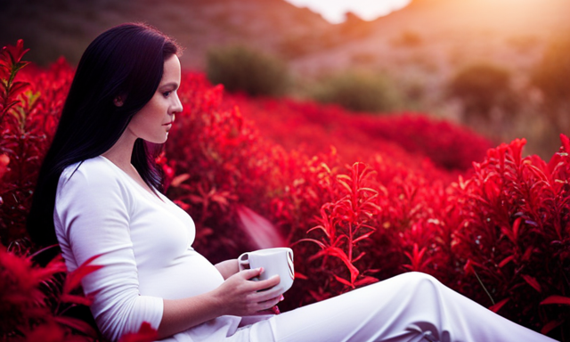 An image depicting a serene pregnant woman cradling a warm cup of rooibos tea, surrounded by vibrant red bushes, showcasing the natural beauty and soothing properties of this caffeine-free herbal infusion