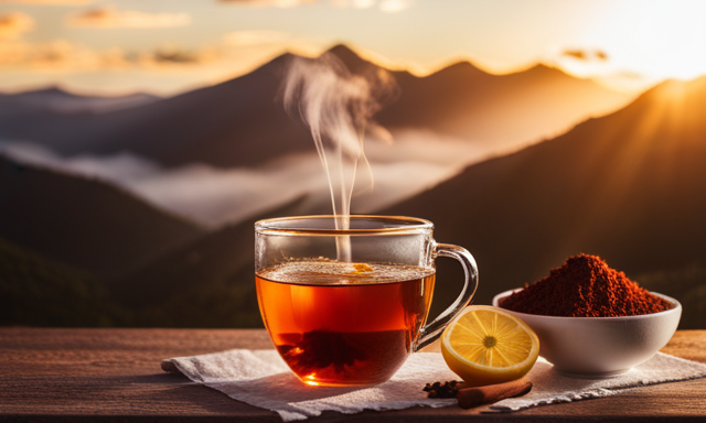 An image showcasing a steaming cup of soothing Rooibos tea, surrounded by a vibrant assortment of natural ingredients like ginger, lemon, and honey