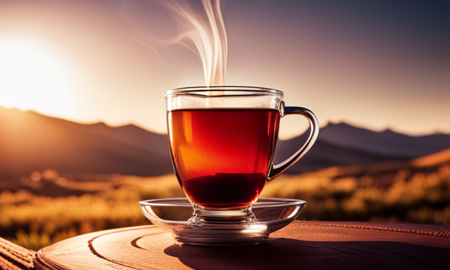 An image that captures the rich, warm hues of a freshly brewed cup of Rooibos tea, with delicate steam gently rising from the vibrant red liquid, inviting readers to explore the essence of this unique South African herbal infusion