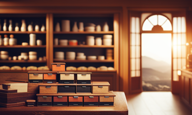 An image featuring a vibrant and cozy specialty tea shop, adorned with wooden shelves filled with neatly stacked boxes of rooibos tea from around the world