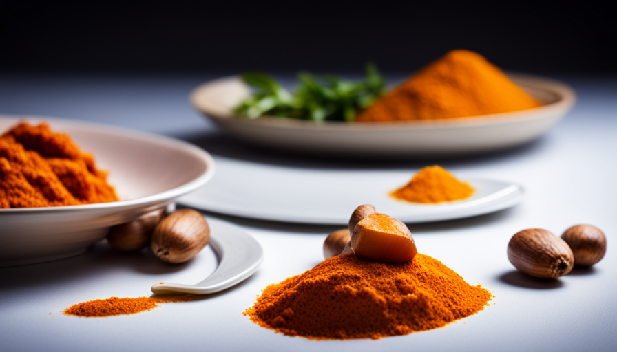 An image showcasing a vibrant, freshly cooked meal with a plate of curcumin supplements placed beside it, highlighting the contrasting choices of taking curcumin with food or on an empty stomach